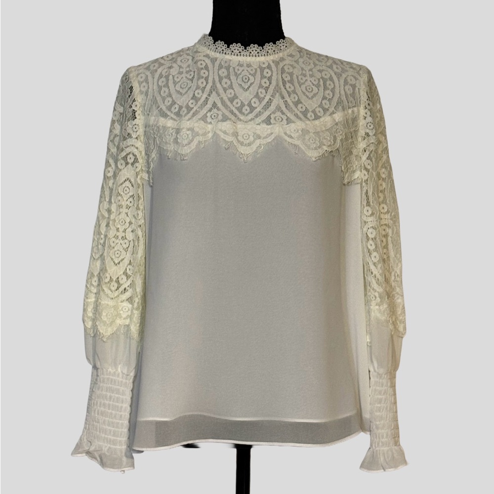 WHBM Elise Lace Yoke Blouse Ivory Romantic Sheer ✨ 8P